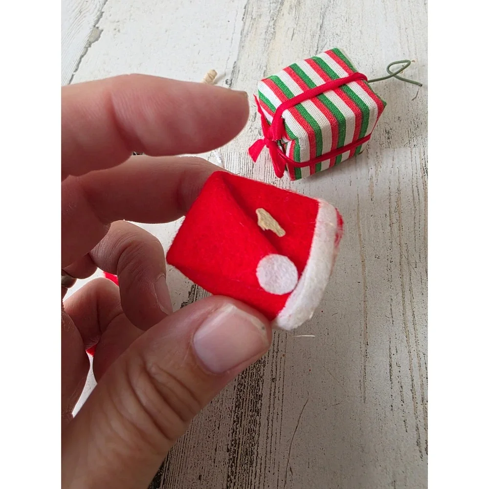 Vintage putz spun cotton snowman present mini stocking accessory ornament tree